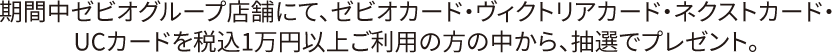 期間中ゼビオグループ店舗にて、ゼビオカード・ヴィクトリアカード・ネクストカード・
UCカードを税込1万円以上ご利用の方の中から、抽選でプレゼント。